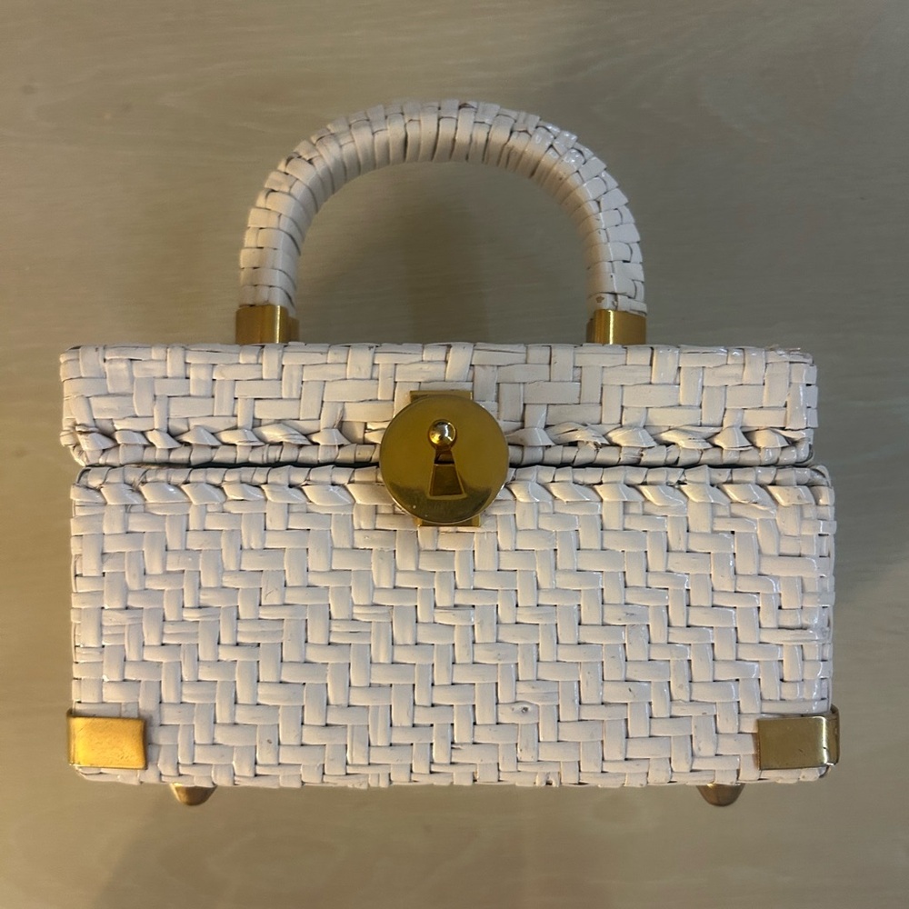 Gorgeous vintage 1960s Koret White Woven Handbag with Gold Accents